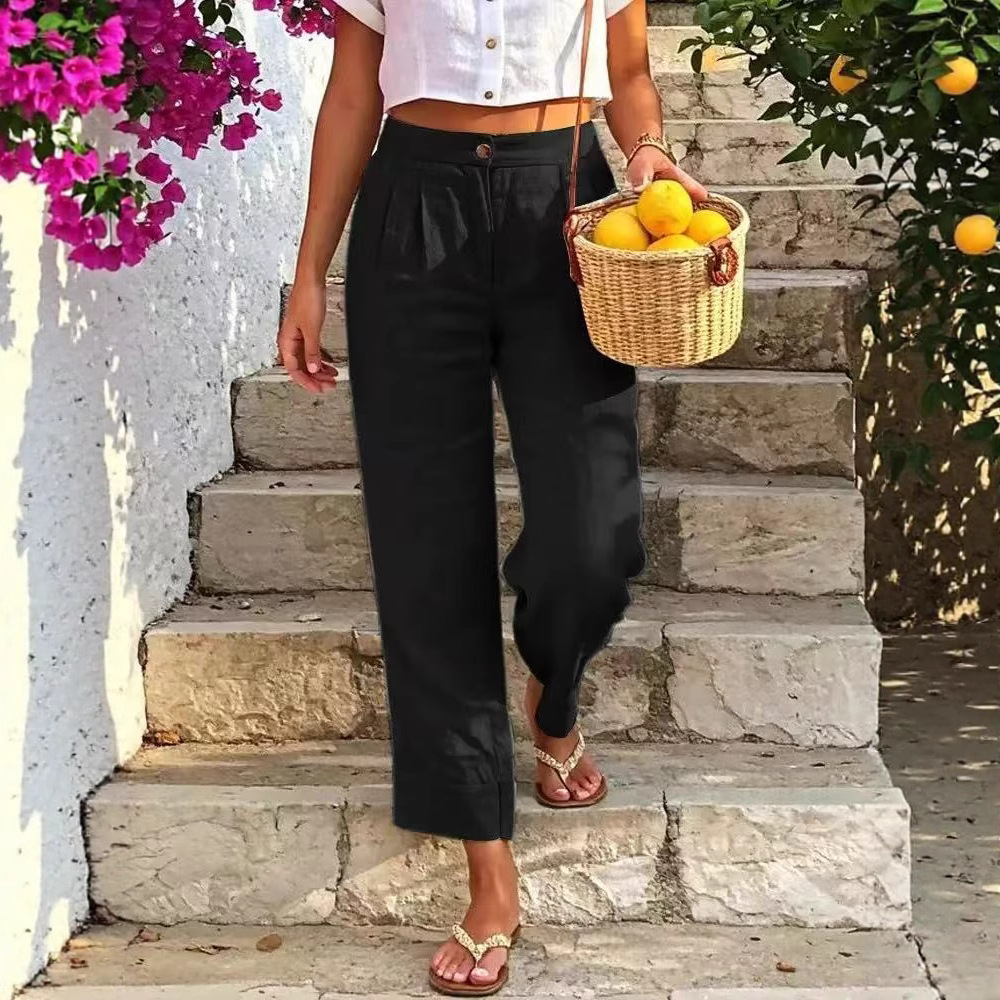 Women's Cotton Linen Straight-Leg Cropped Pants with Buttons