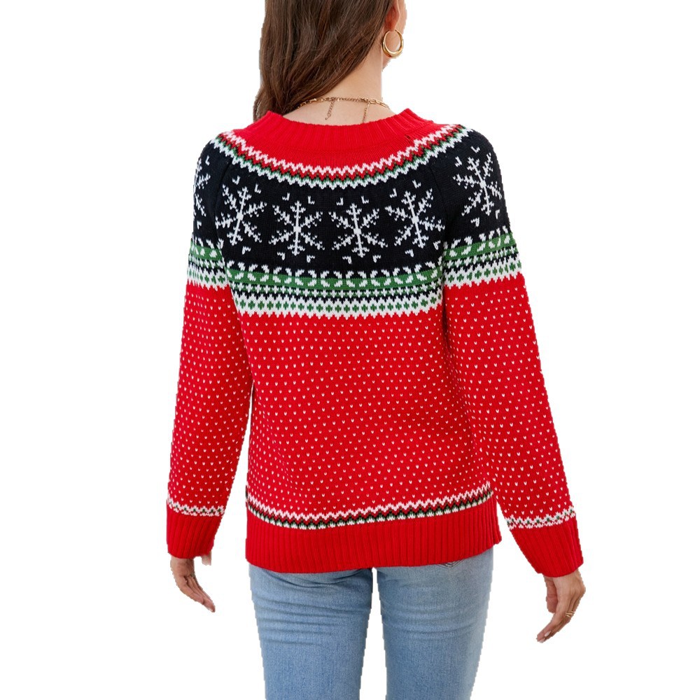 Women's Christmas Pullover Knit Sweater Colorblock Crew Neck Long Sleeve
