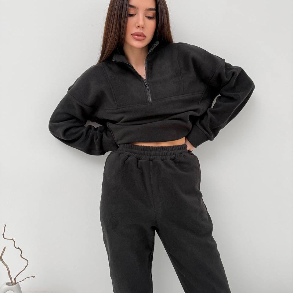 Women's Fleece Two-Piece Set Long Sleeve Zip Neck Pullover & Elastic Waist Pants
