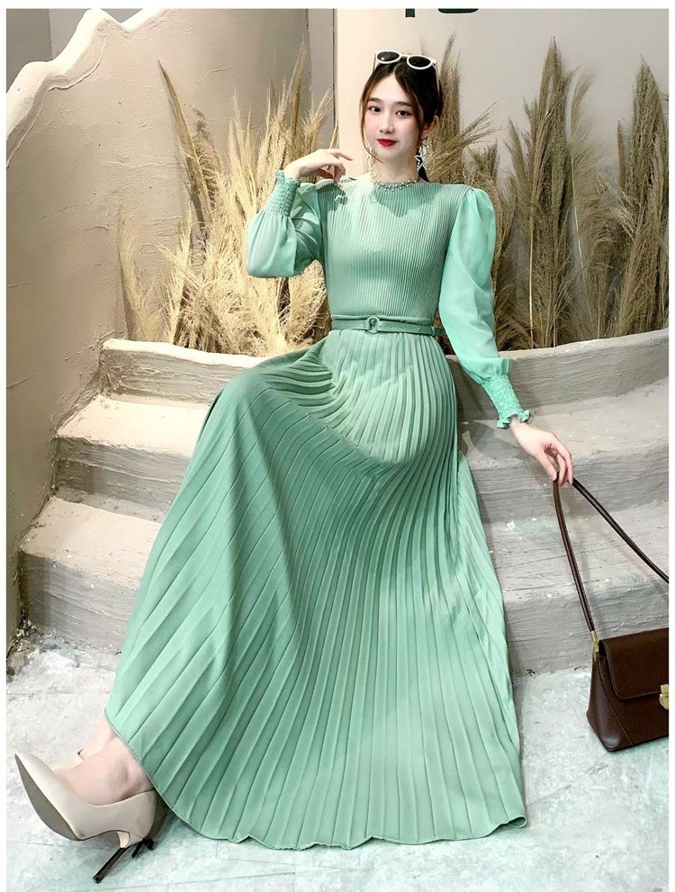 Pleated Long Sleeve Midi Dress