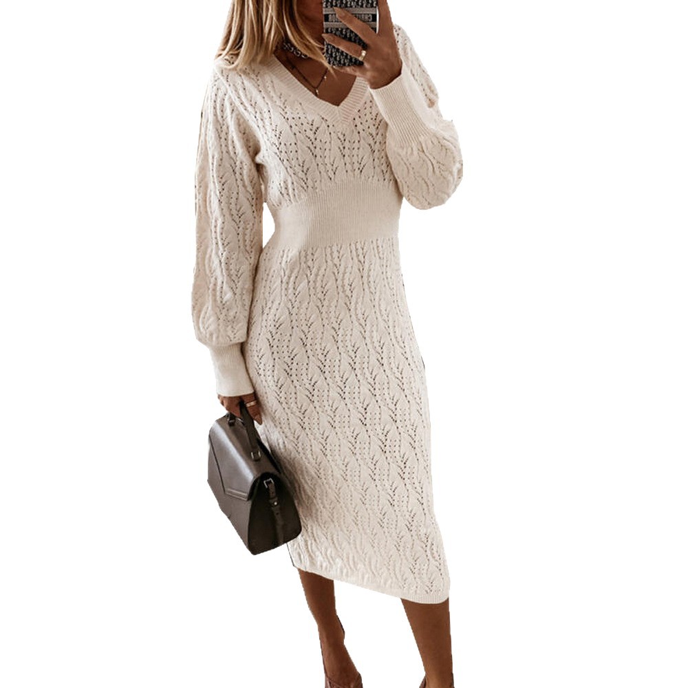 Plus Size Knit Bodycon Sweater Dress V-Neck Long Sleeve