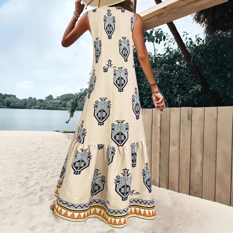 Bohemian Print Sleeveless Deep V-Neck Maxi Dress
