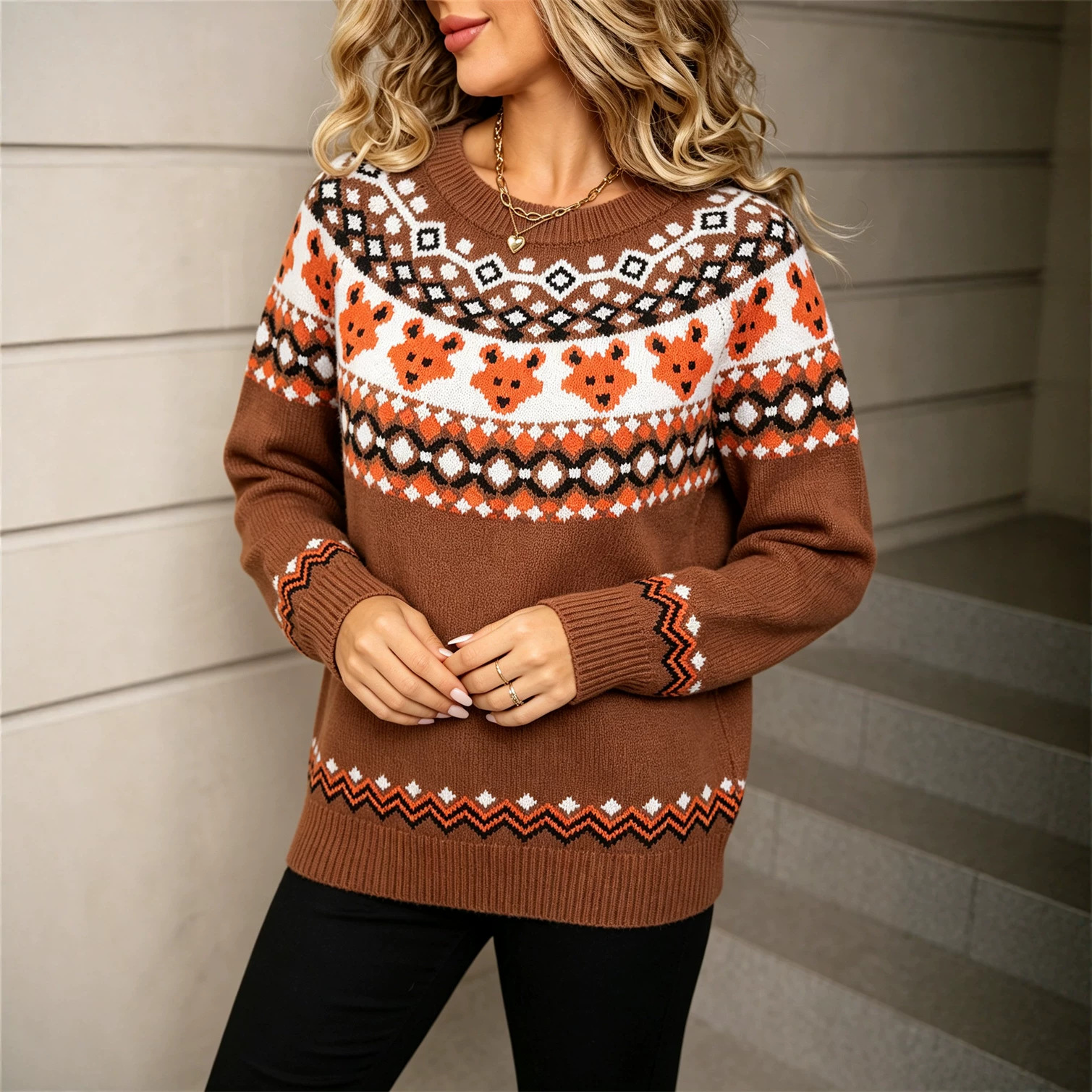 Halloween Fox Graphic Crewneck Pullover Sweater Plus Size Women's