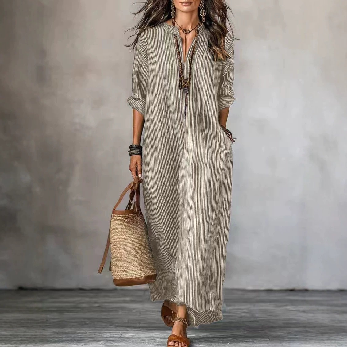 V-Neck Striped Loose Casual Dress