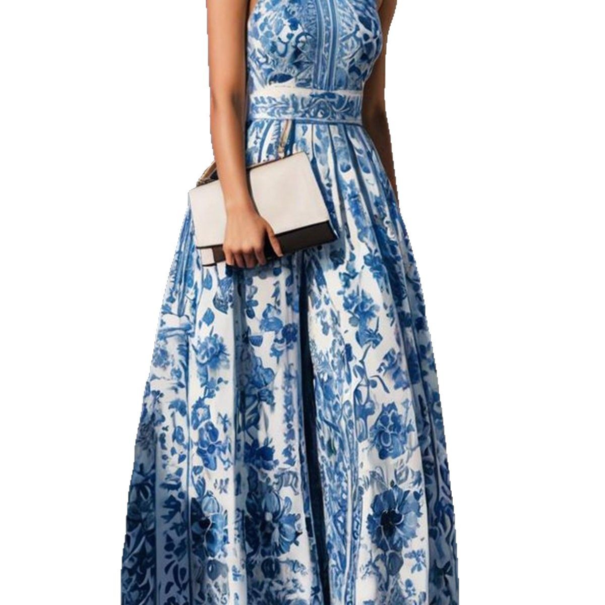 Floral Print Sleeveless Long A-Line Dress with Polo Neck