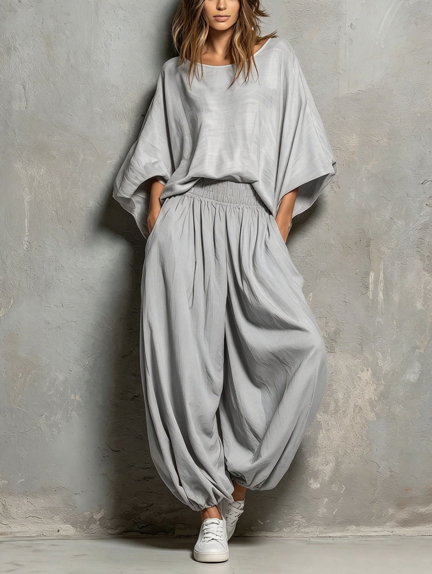 Women's Casual Crewneck Loose Top & Wide-Leg Pants Two-Piece Set