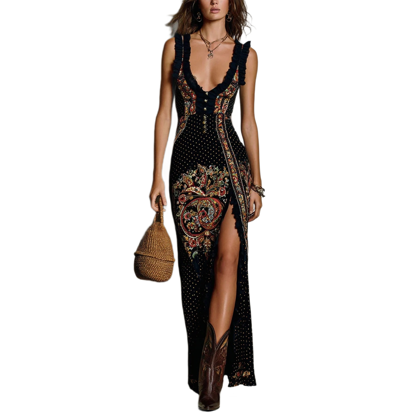 Retro Floral High-Slit Sleeveless Bodycon Maxi Dress
