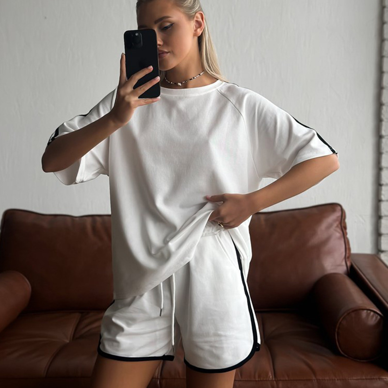 Women's Casual Two-Piece Shorts Set Solid Crew Neck Short Sleeve T-Shirt and Shorts