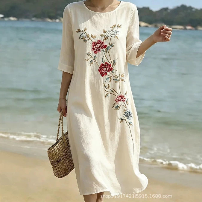 Women's Floral Print Ruched Midi Dress with Half Sleeves