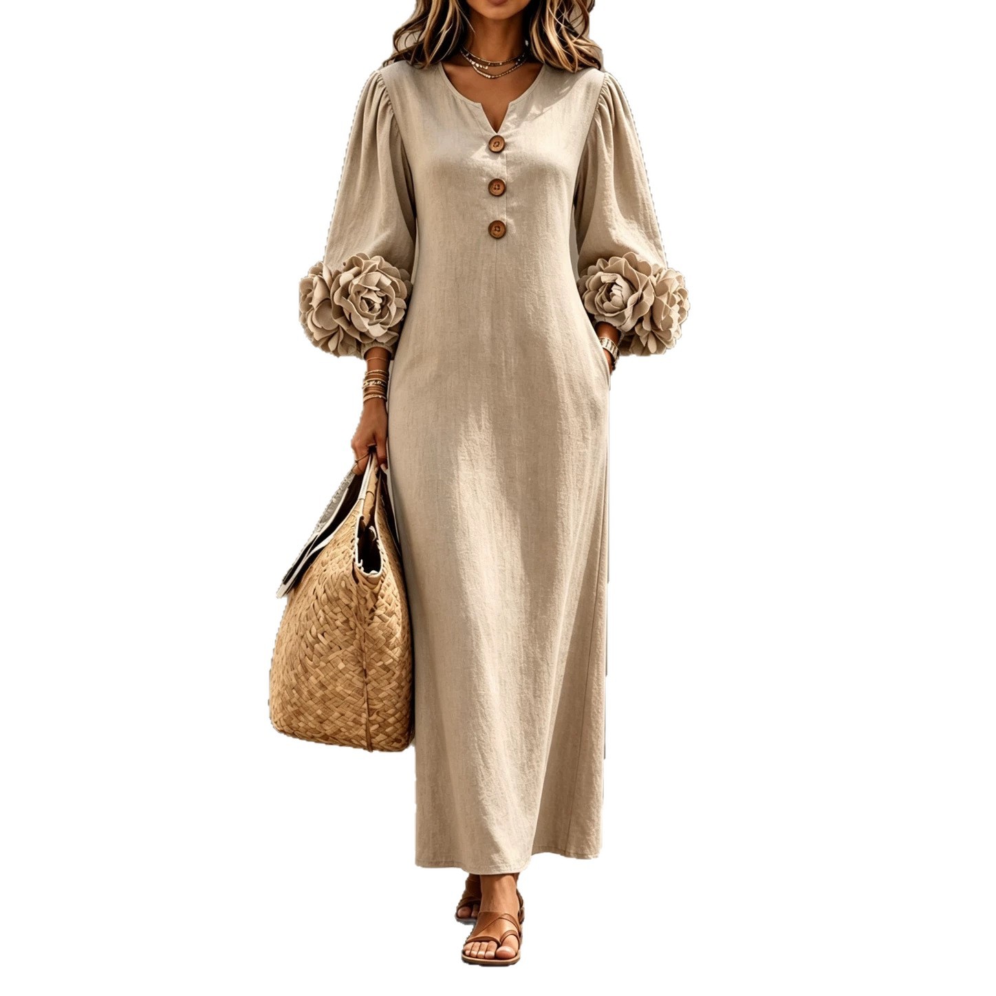 V-Neck 3D Floral Lantern Sleeve A-Line Maxi Dress