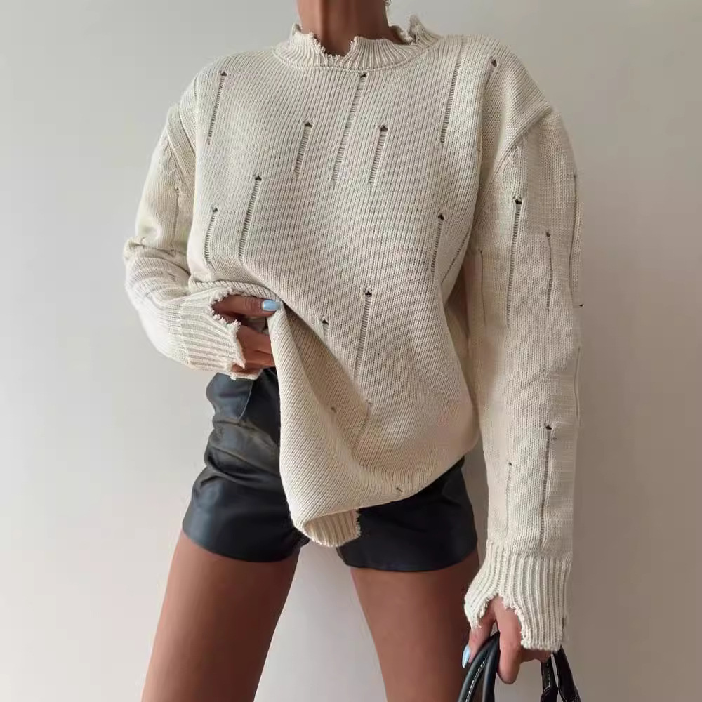 Women's Loose Distressed Crewneck Pullover Sweater