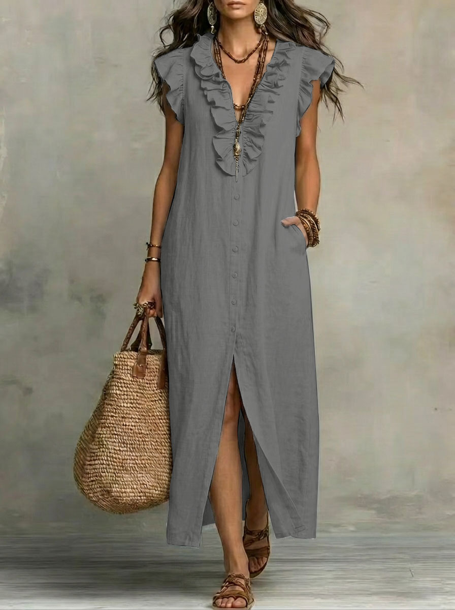 Boho Ruffle V-Neck Button-Front Maxi Dress with Pockets