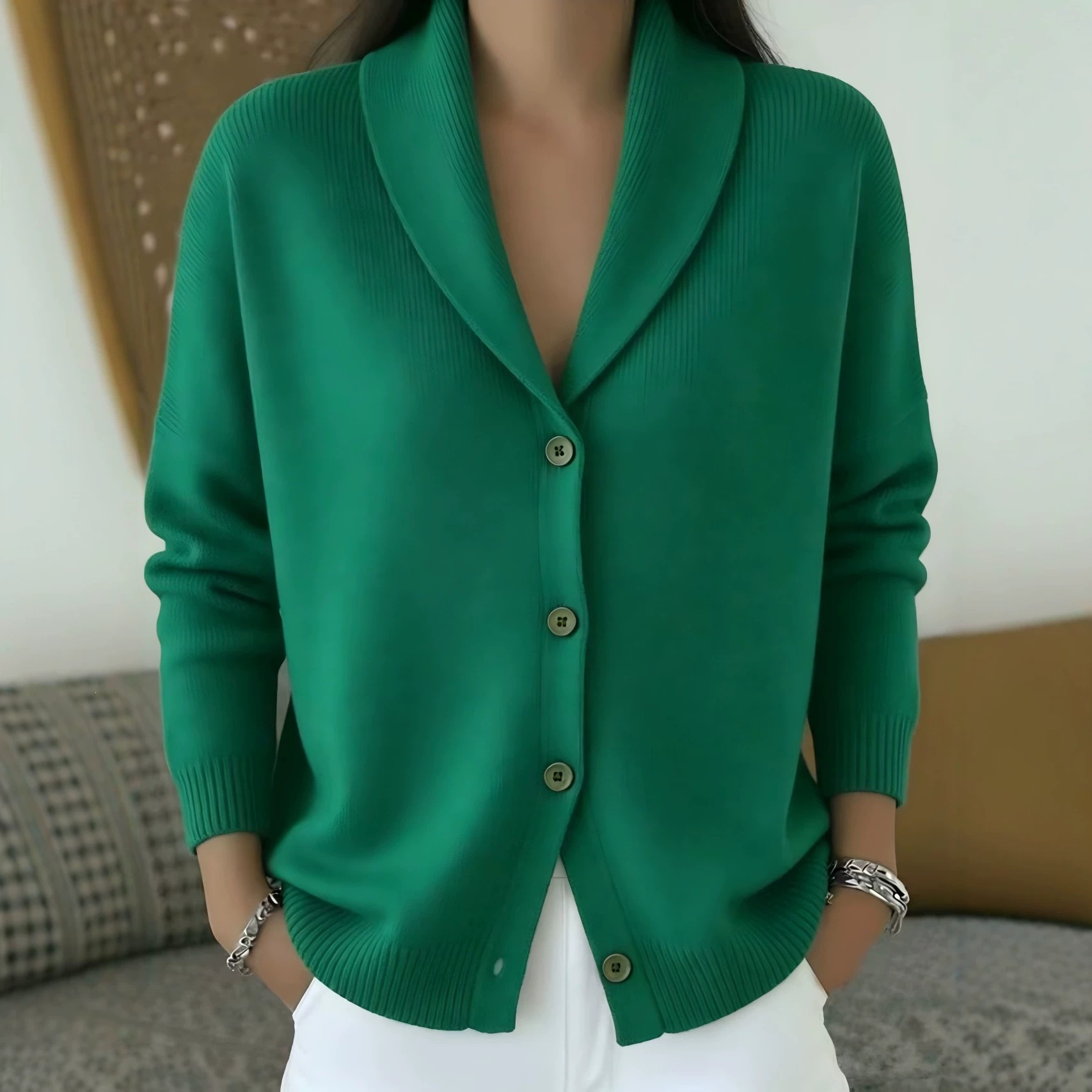 Button-Front Knit Cardigan Sweater with Collar, Solid Color, Casual
