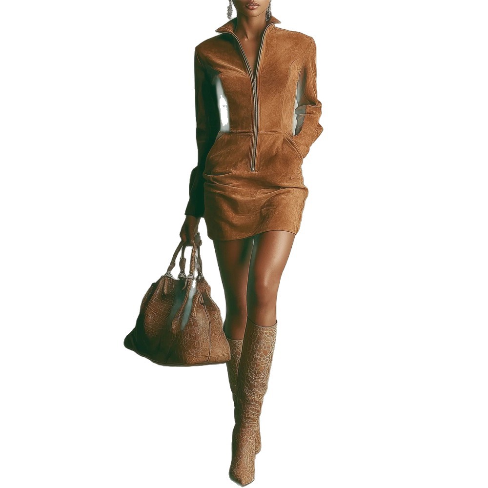 Faux Suede French Zip Long Sleeve Bodycon Mini Dress