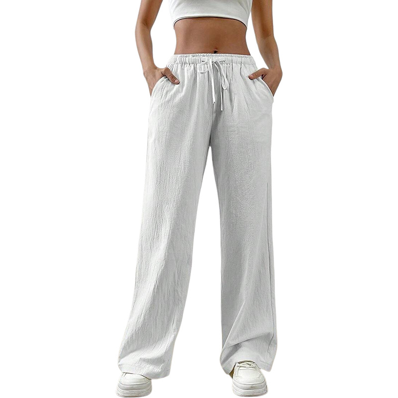 Women's Cotton Linen Wide-Leg Pants Casual Loose High-Waist Drawstring