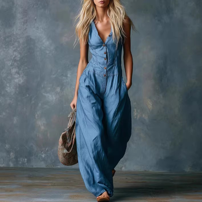 Retro Western V-Neck Button-Front Sleeveless Wide-Leg Jumpsuit in Blue