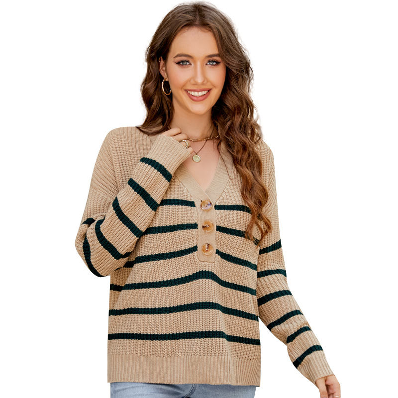 Women's Loose Nordic Striped V-Neck Knit Sweater