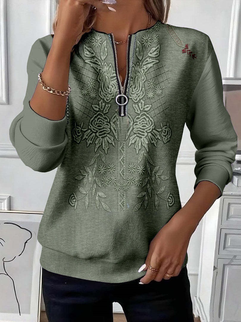 Women's Boho Print Long Sleeve Zip-Up Sweatshirt Casual Top