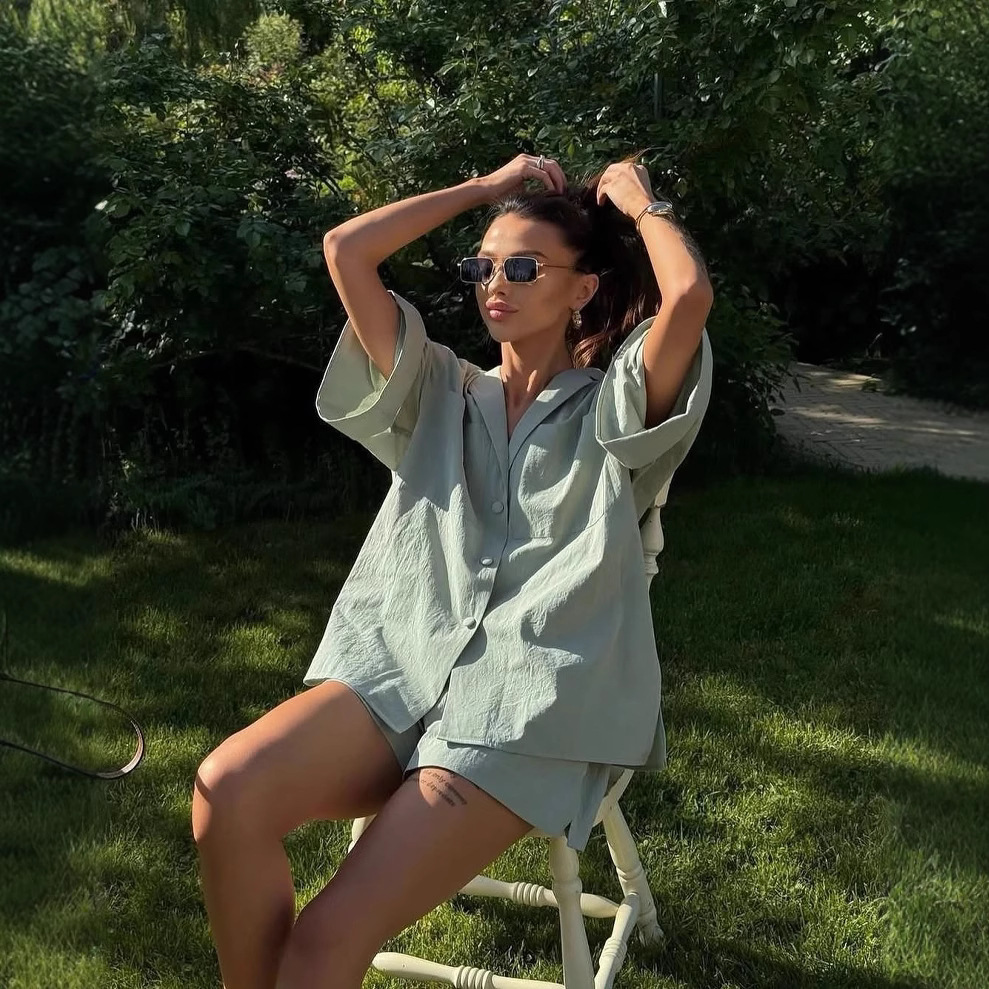 Women's Collared Half-Sleeve Tie Shirt & Shorts Set