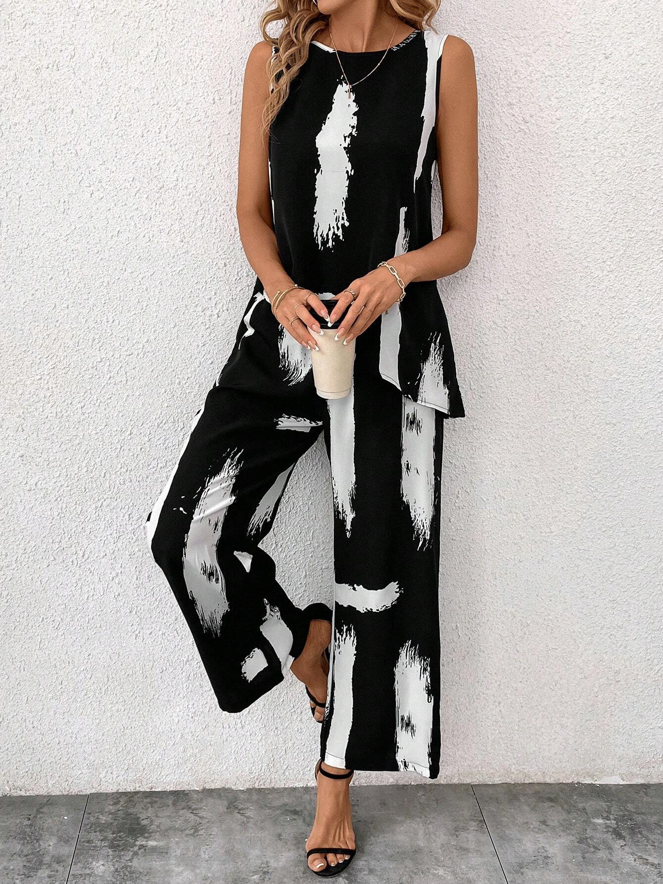 Women's Casual Sleeveless Printed Top and Straight-Leg Pants Set