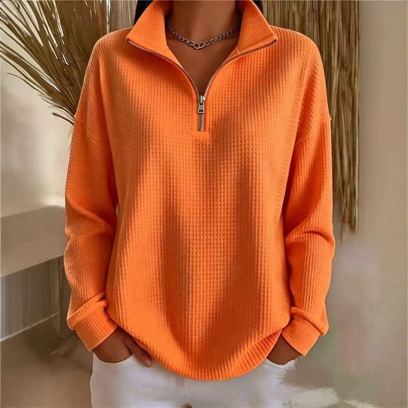Women's Waffle Knit Half-Zip Hoodie Loose Fit Solid Color Top