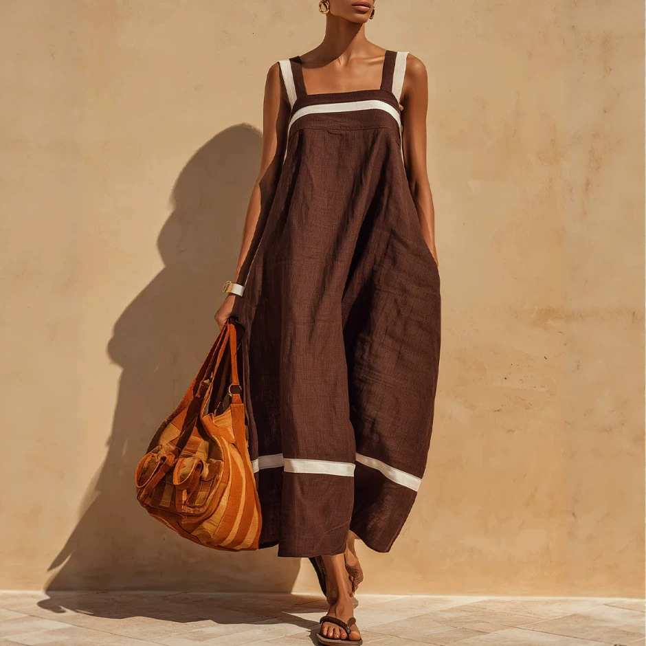 Cotton-Linen Blend Square Neck Striped Colorblock Sleeveless Casual Dress