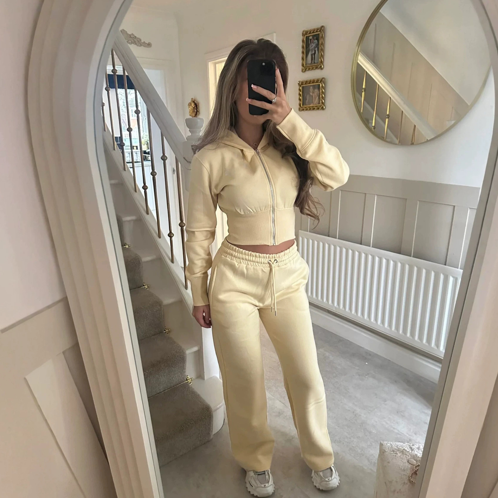 Women's Solid Color Hooded Cardigan and Straight-Leg Pants Set Casual Knit Two-Piece