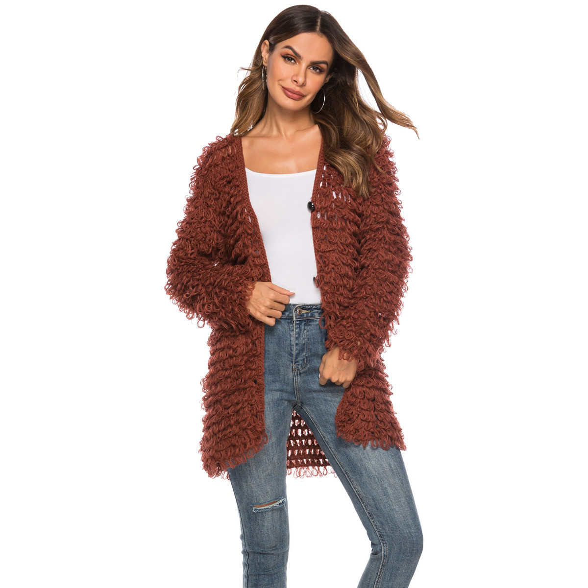 Hand-Crochet Loop Yarn V-Neck Midi Cardigan Sweater Coat for Women