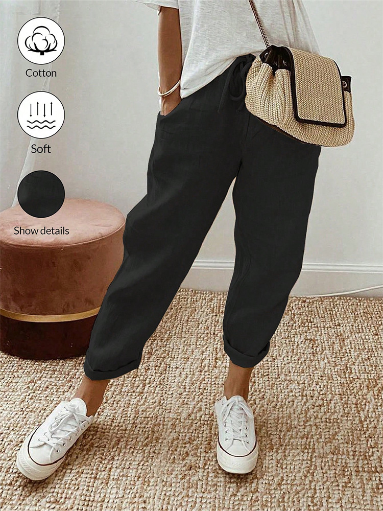 Women's Cotton Linen Cropped Pants with Pockets and Elastic Waist, Loose Casual