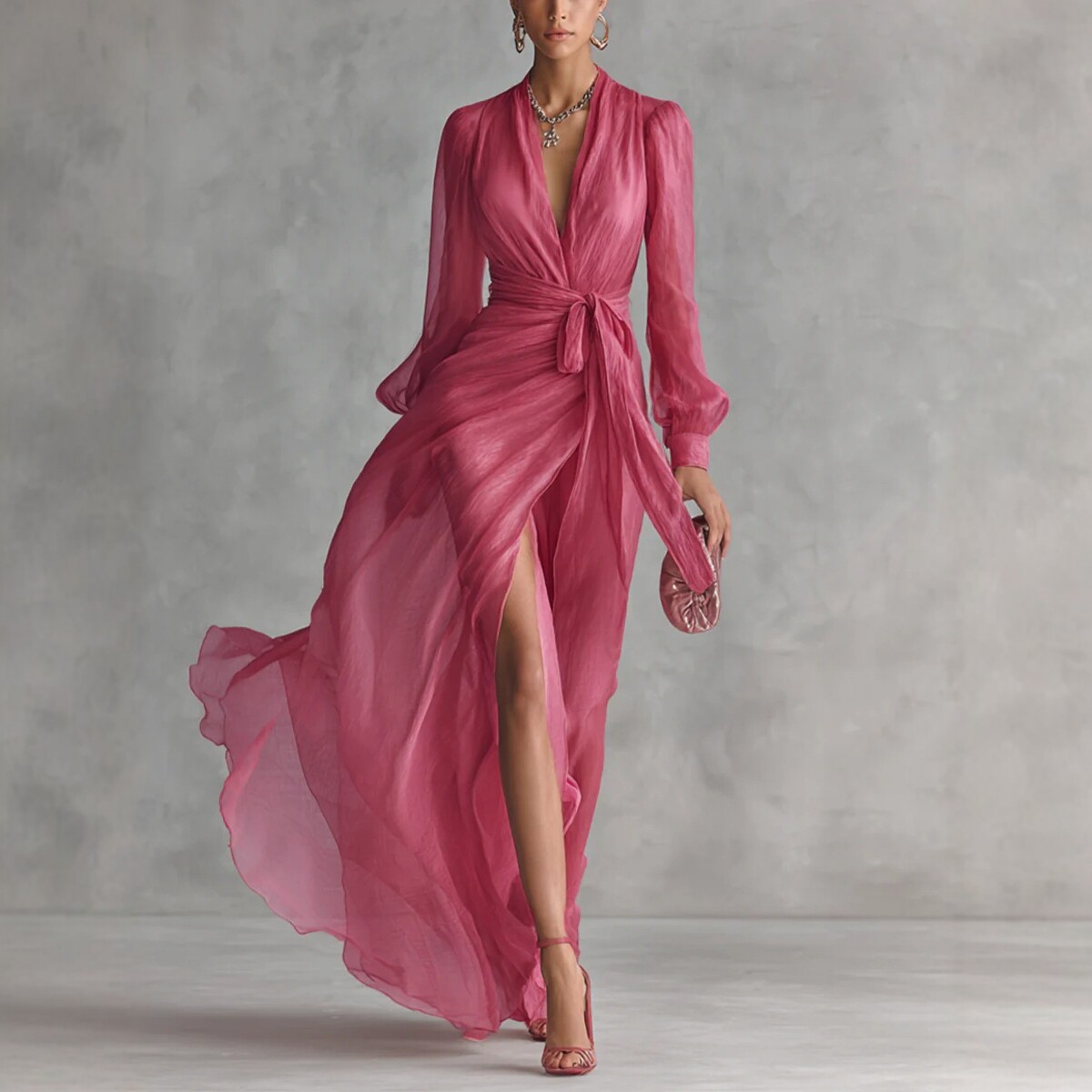 V-Neck Chiffon Long Sleeve High Slit Maxi Dress