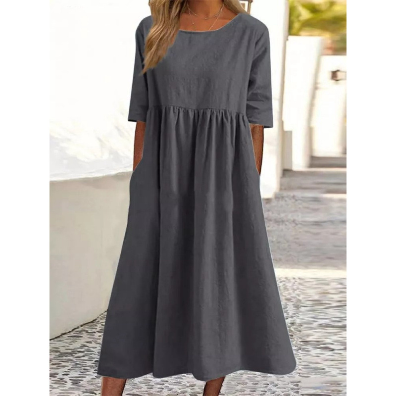 Women's Cotton Linen Round Neck Half Sleeve Loose Long Solid Dress