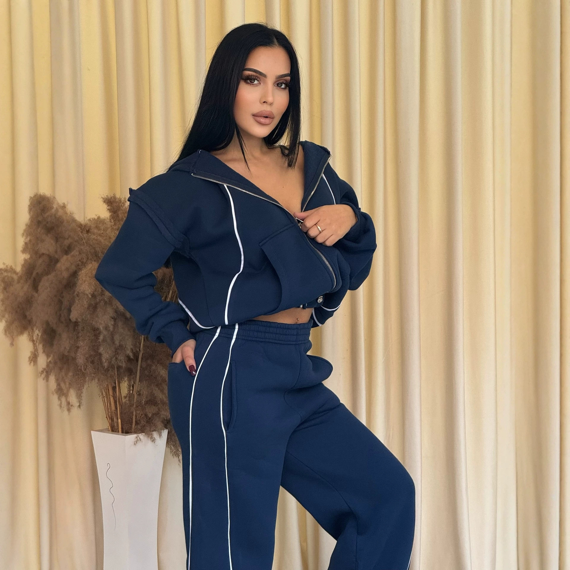 Casual Loose Zip-Up Hoodie Sweatsuit Set