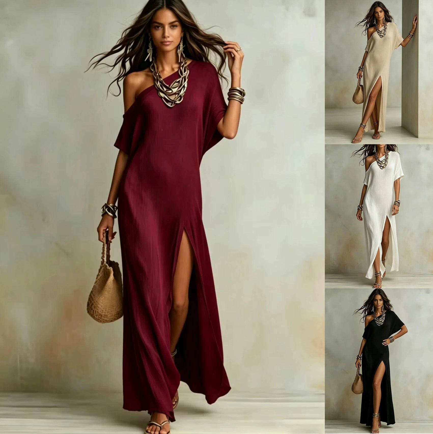 Elegant Short Sleeve Cotton-Linen Slit Dress