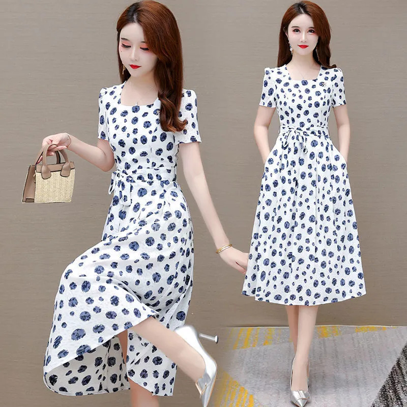 Women's Short Sleeve Polka Dot Print Midi Dress