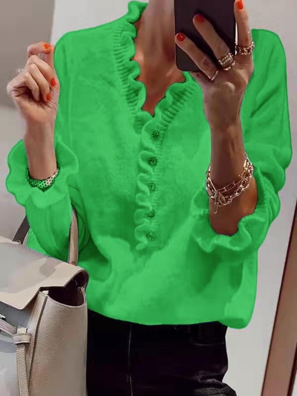 Women's Long Sleeve Ruffle Knit Top V-Neck Beaded