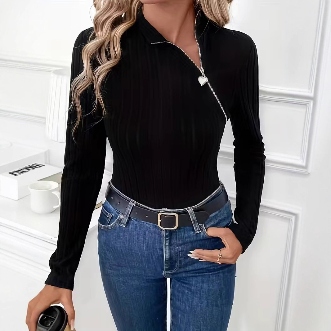 Women's Slim Fit Knit Top with Asymmetric Heart Zip Collar Long Sleeve