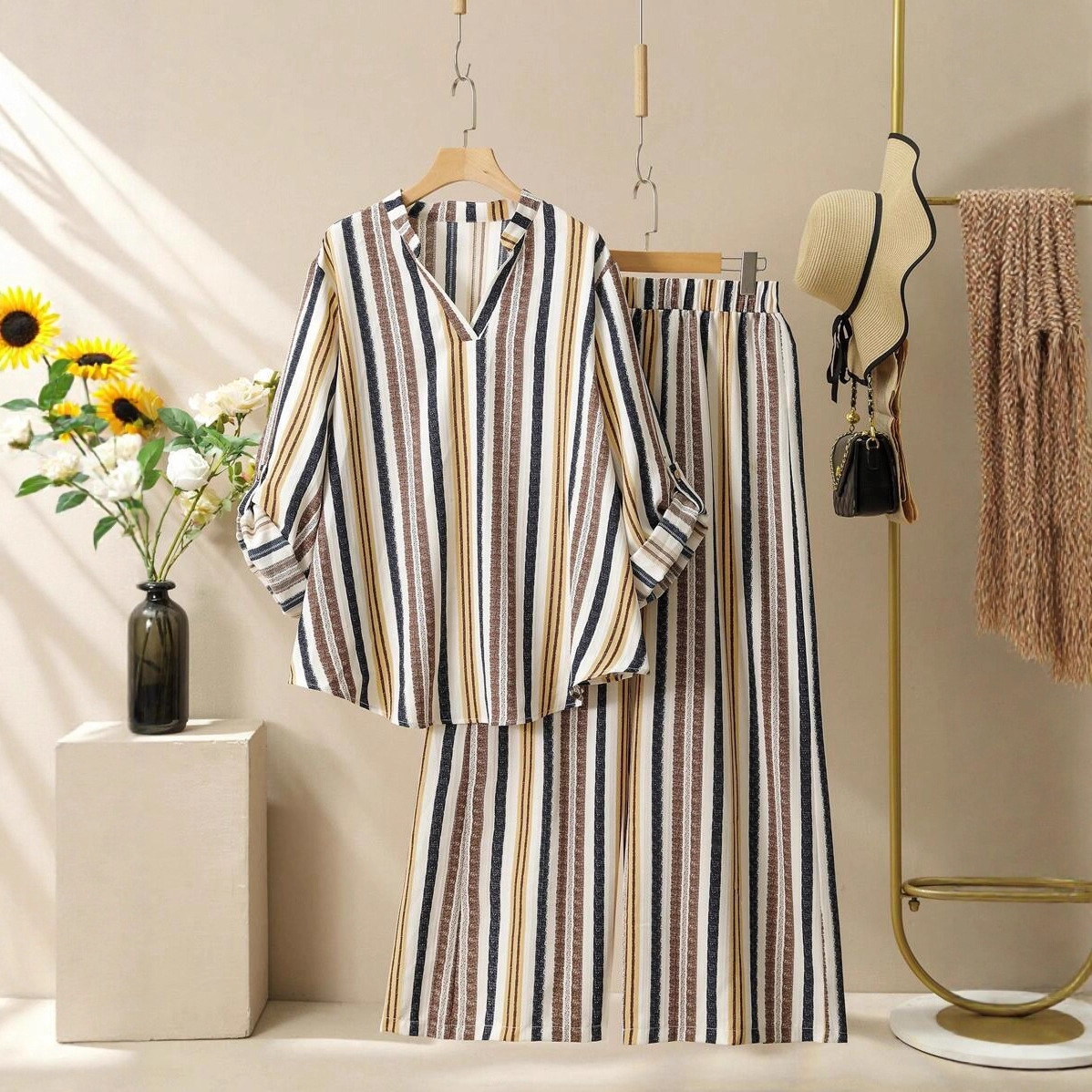 Striped Print V-Neck Long Sleeve Top and Pants Set