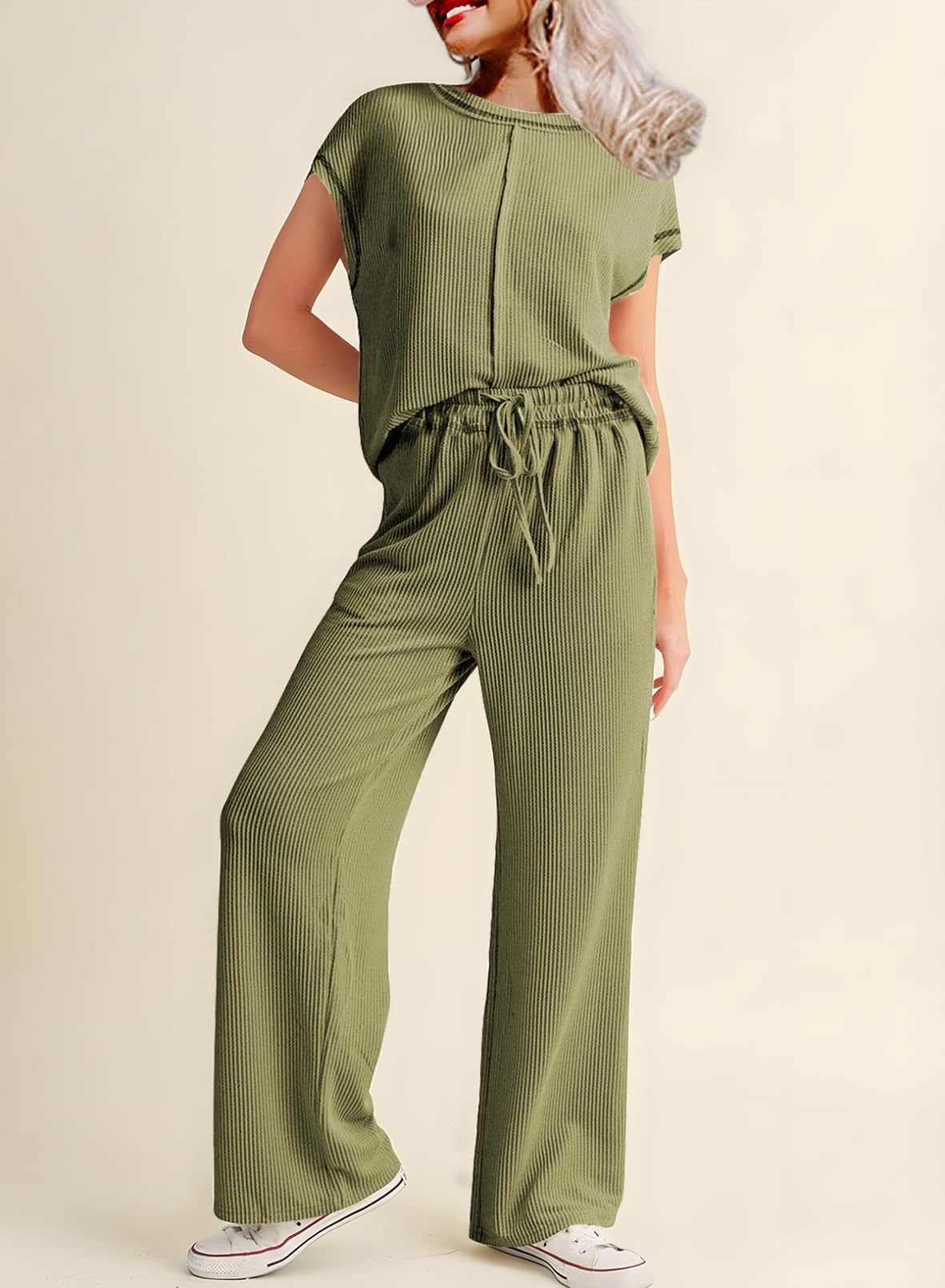 Women's 3/4 Sleeve Two-Piece Pants Set Casual Loose Slimming Long Pants