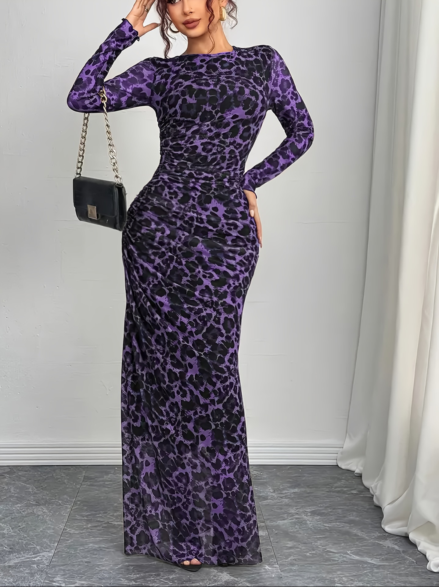 Women's Elegant Leopard Print Mesh Bodycon Long Sleeve Dress