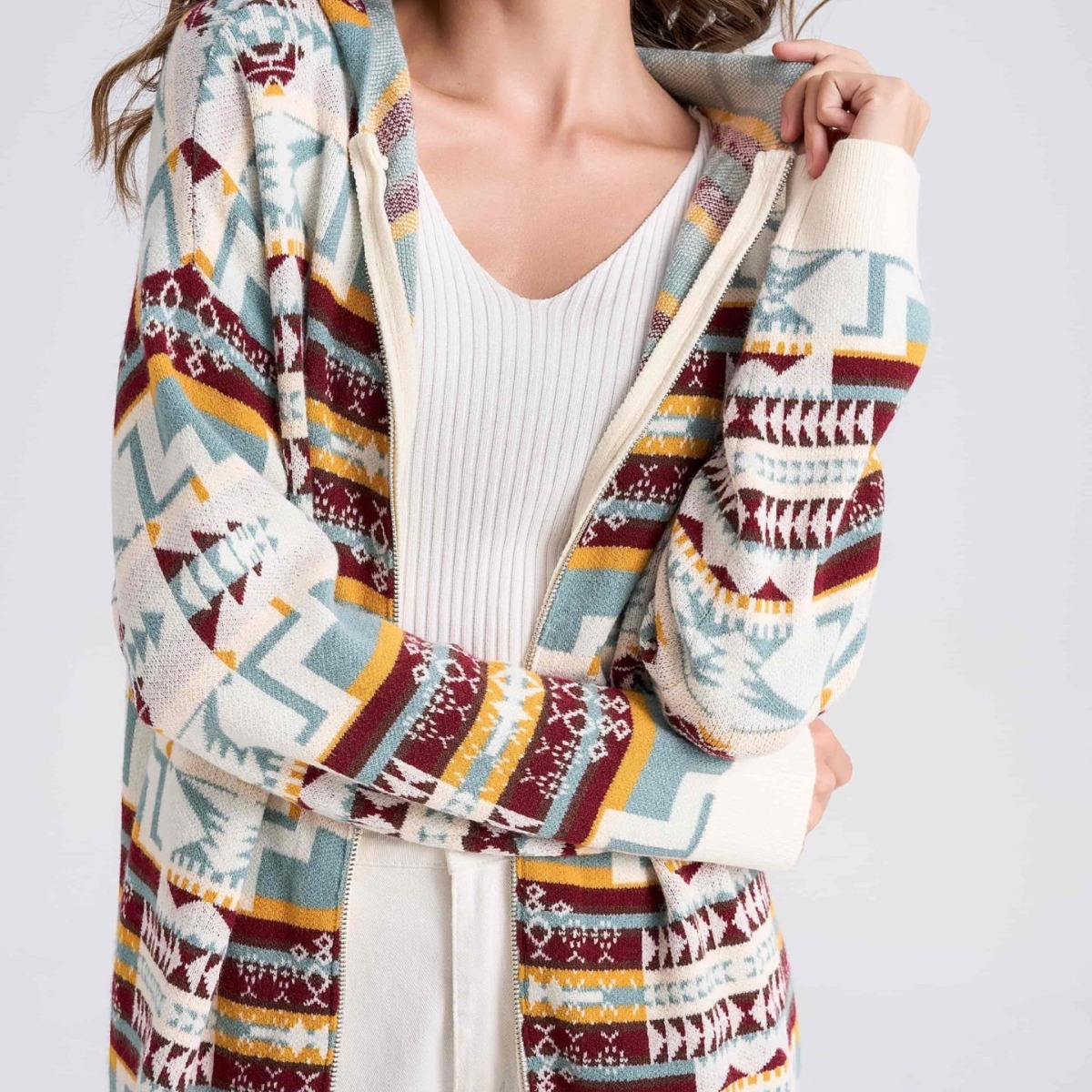Women's Aztec Hooded Cardigan Sweater with Double Zipper