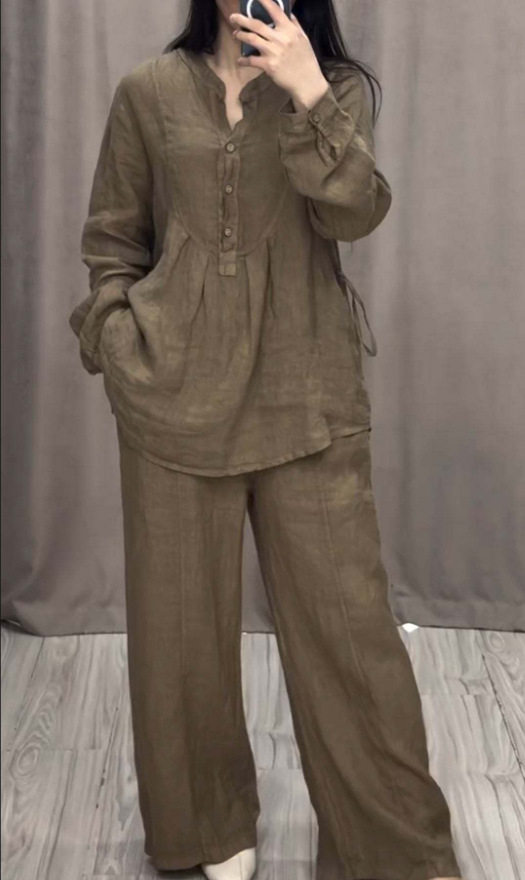 Cotton-Linen Long-Sleeve Half-Placket Pleated Wide-Leg Pants Set