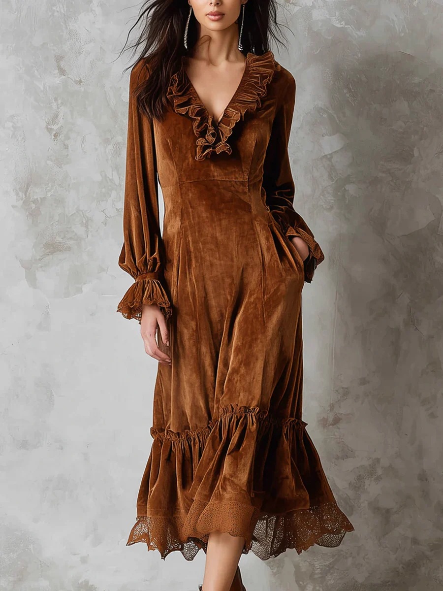 Women's Long Sleeve Lace-Trim Velvet Dress with V-Neck and Ruffled Lantern Sleeves