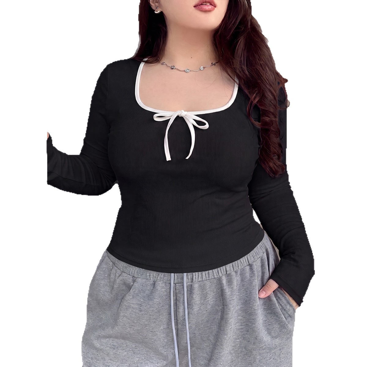 Plus Size Colorblock Square Neck Bow Long Sleeve Knit Top
