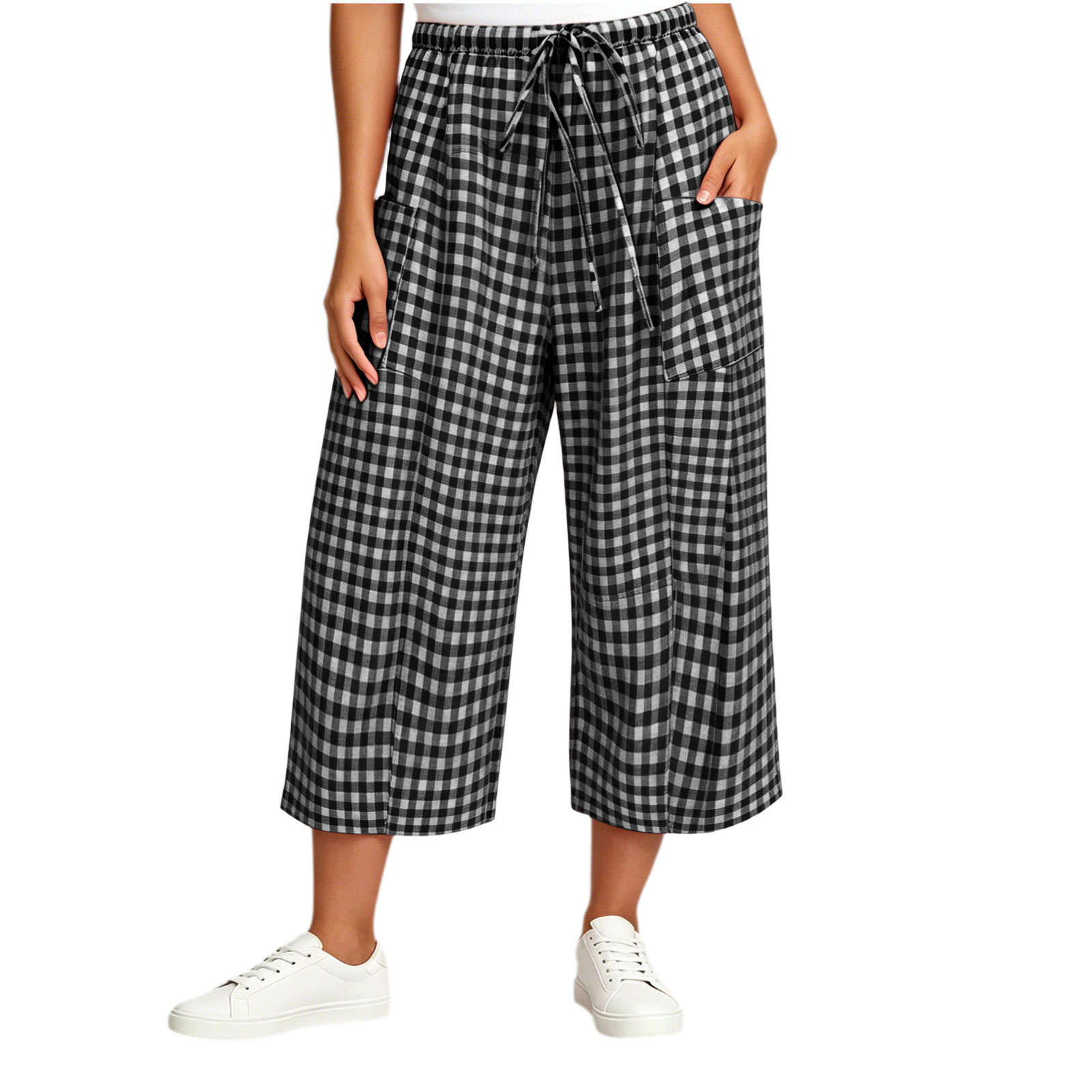 Plaid Wide-Leg Drawstring Pants with Pockets