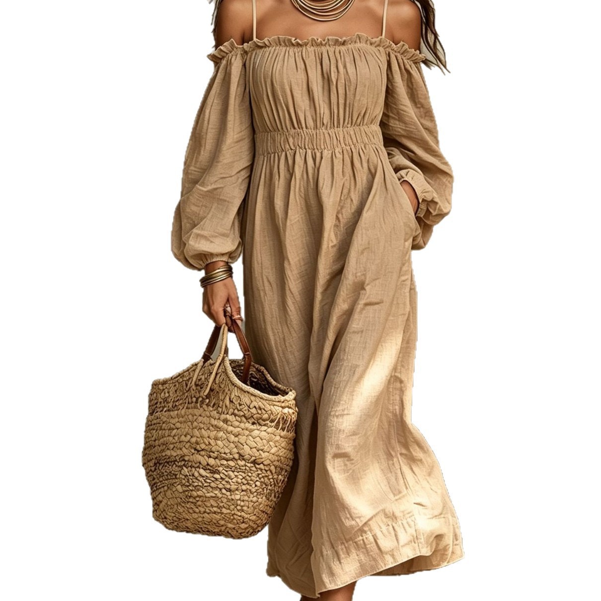 Cotton-Linen Off-Shoulder Pleated Maxi Dress