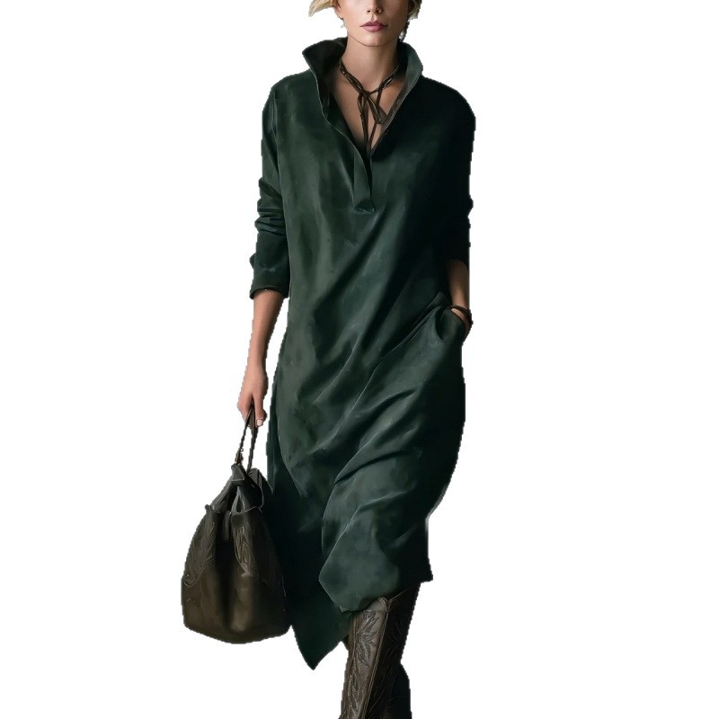 Women's Faux Suede Long Sleeve Midi Shirt Dress Solid Loose Fit