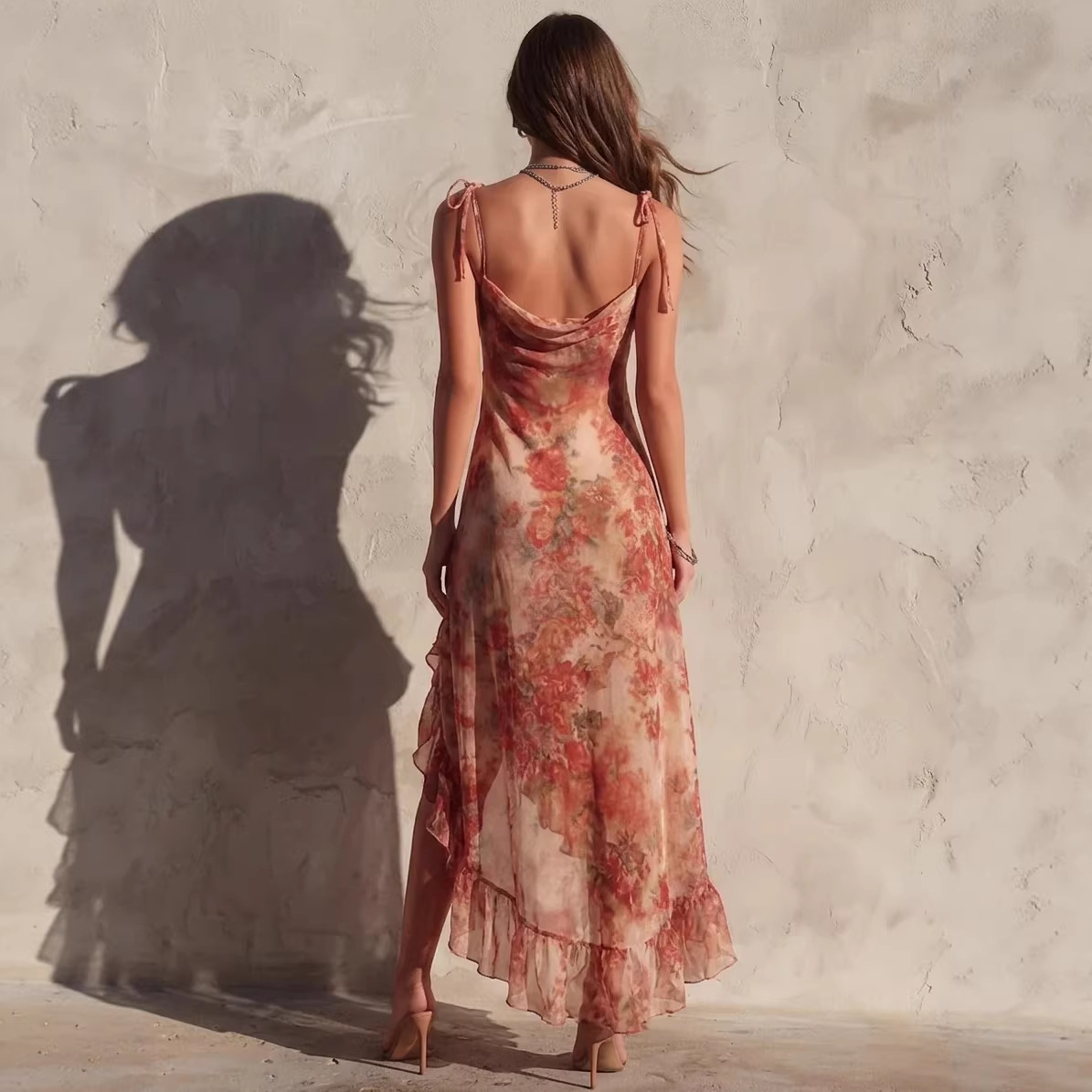 Sexy Open-Back Floral Print Slit Midi Dress with Spaghetti Straps