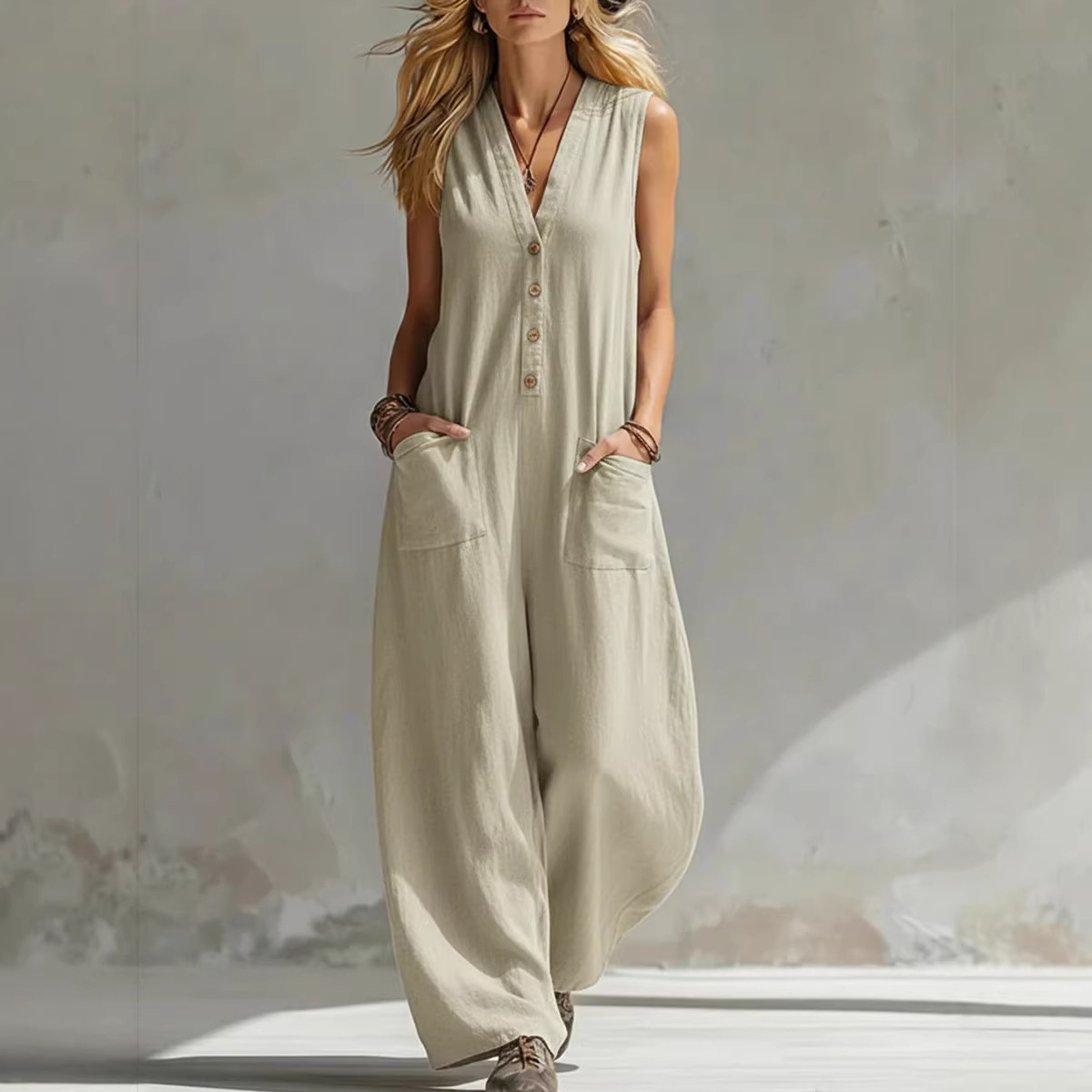 Women's Sleeveless Linen-Cotton Wide-Leg Jumpsuit with Pockets