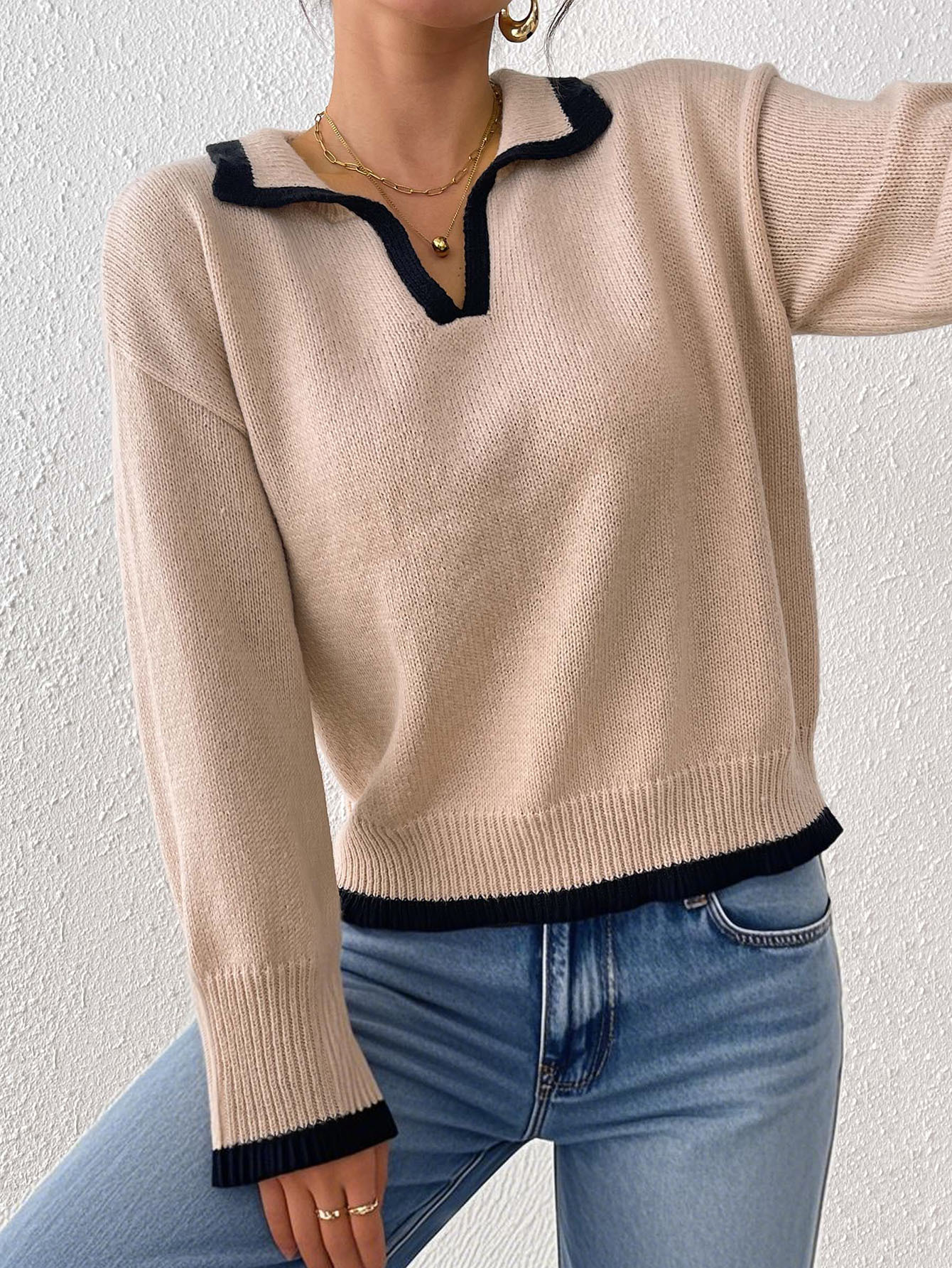 Women's Color-Block Polo Collar Pullover Sweater