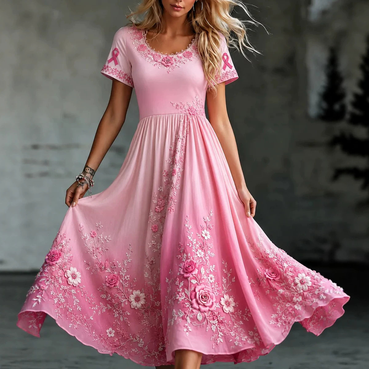 Women's Floral Print Ruched Midi Dress Crew Neck Half Sleeve